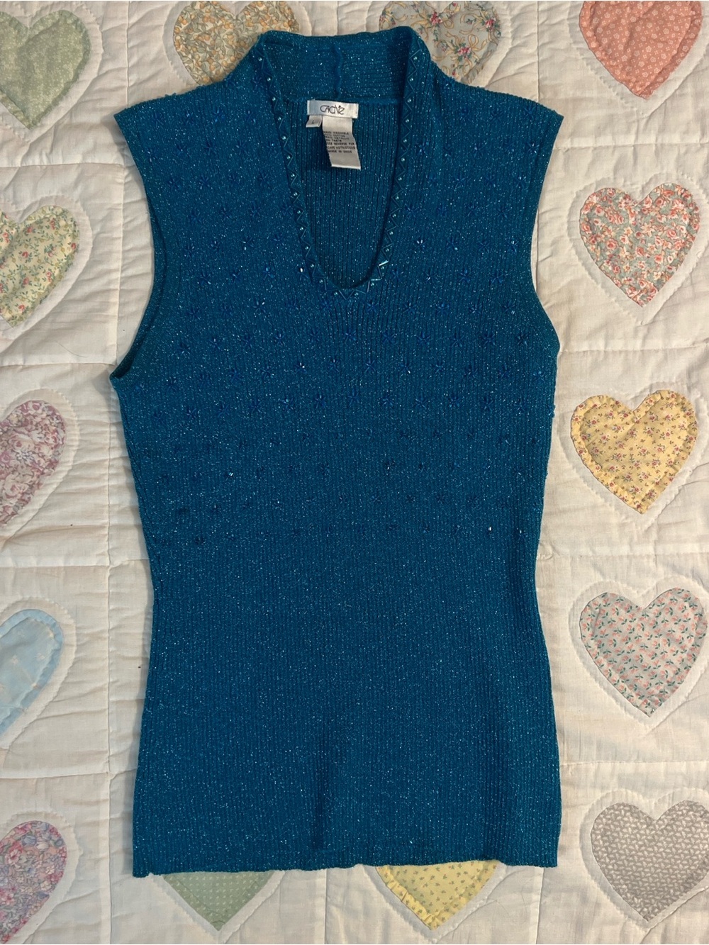 Cache Beaded Sparkly Blue Metallic Knit Y2K Vintage Top Size Large Stretchy - Picture 3 of 8